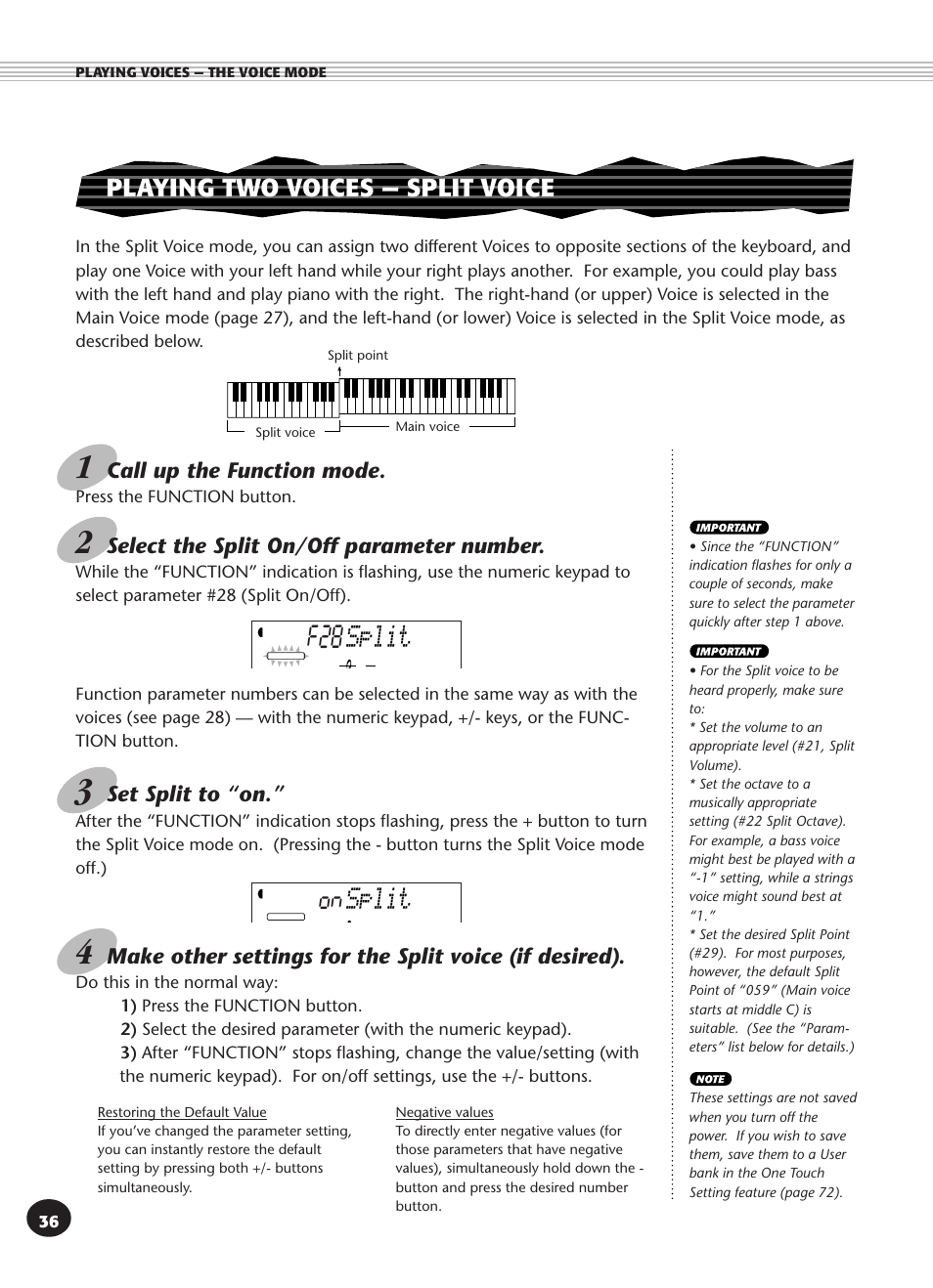 Playing two voices -- split voice, Playing two voices — split voice, Split | On split | Yamaha PSR-270 User Manual | Page 36 / 120