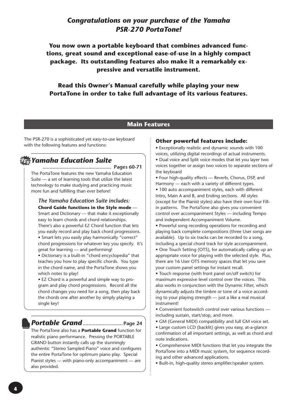 Congratulations, Main features, Yamaha education suite | Portable grand | Yamaha PSR-270 User Manual | Page 4 / 120