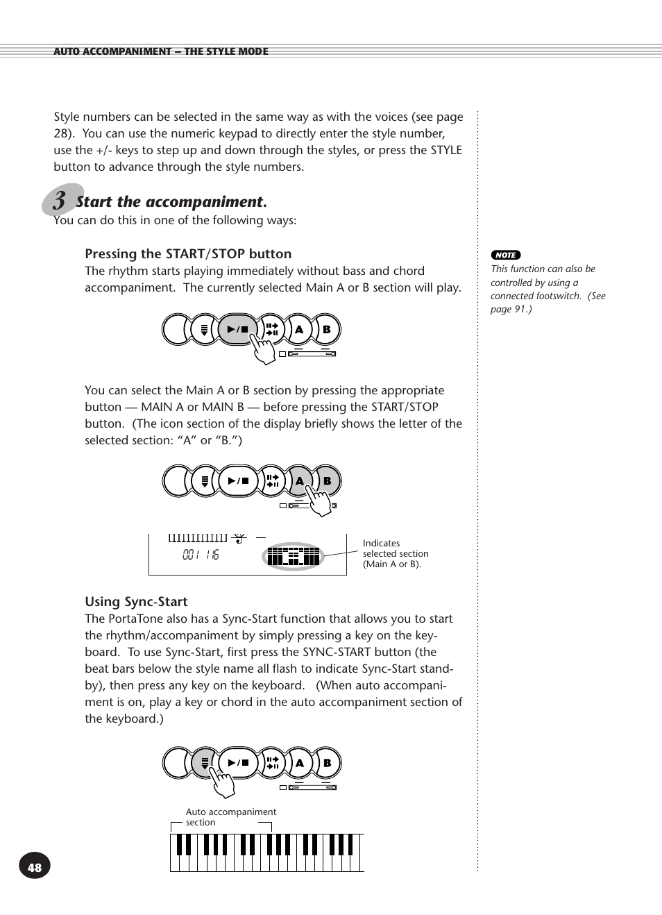 Start the accompaniment, Pressing the start/stop button, Using sync-start | You can do this in one of the following ways | Yamaha PSR-270 User Manual | Page 48 / 120