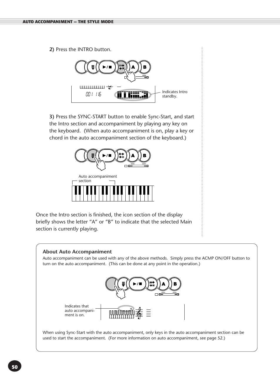 Auto accompaniment — the style mode, Indicates that auto accompani- ment is on | Yamaha PSR-270 User Manual | Page 50 / 120