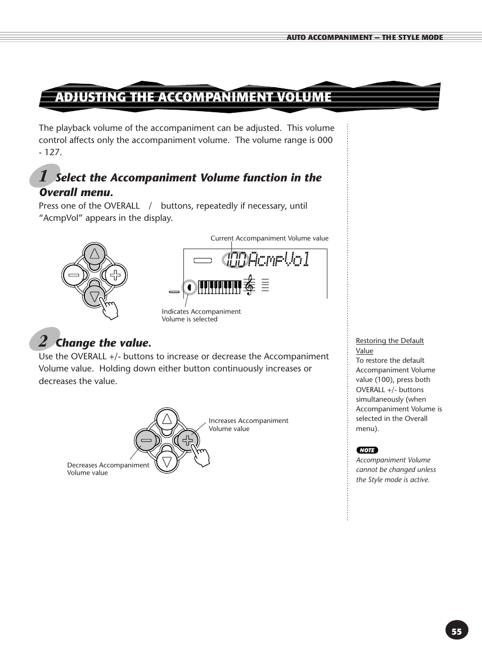 Adjusting the accompaniment volume, Acmpvol | Yamaha PSR-270 User Manual | Page 55 / 120