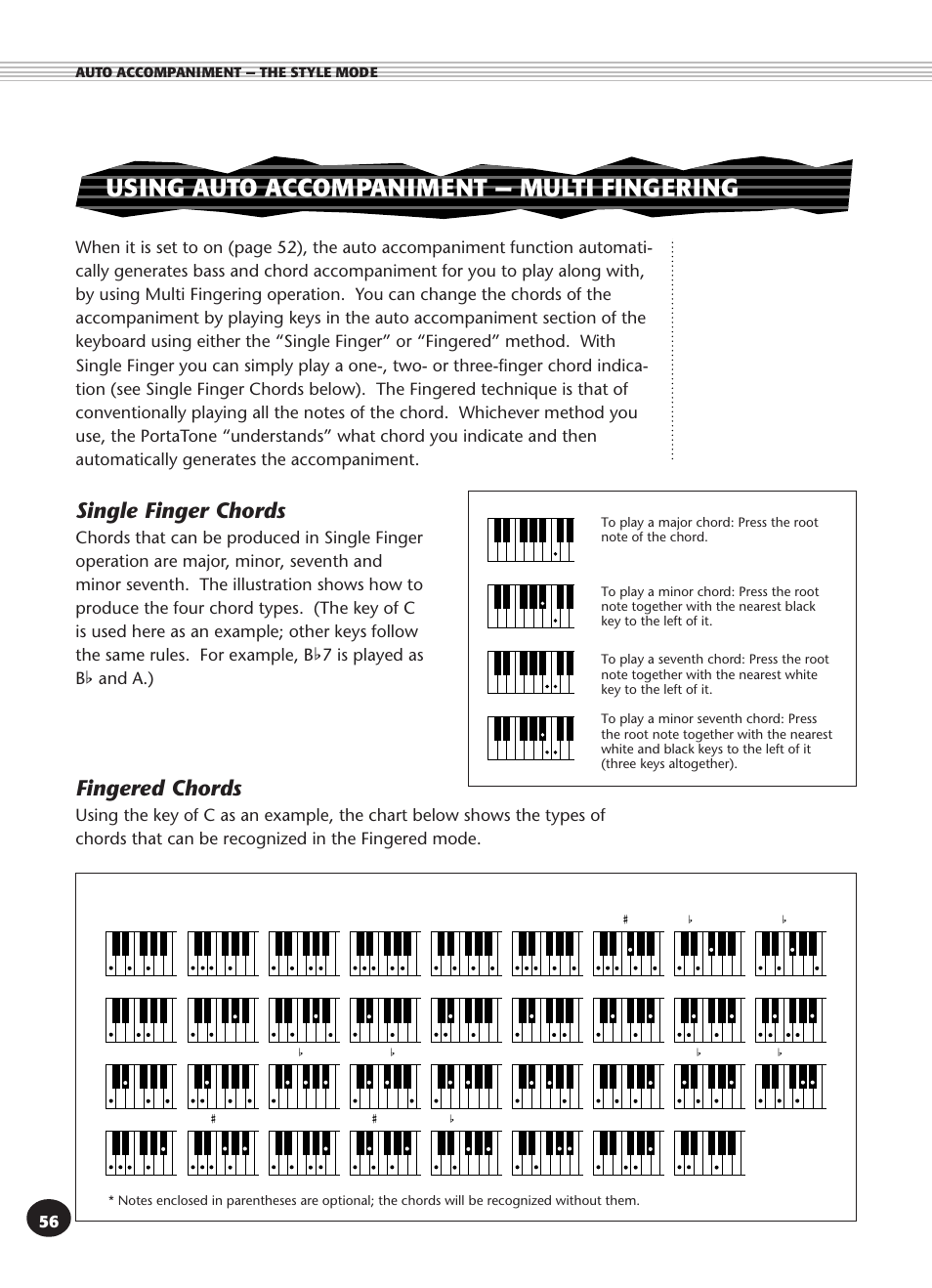 Using auto accompaniment -- multi fingering, Single finger chords, Fingered chords | Using auto accompaniment — multi fingering, Example for “c” chords | Yamaha PSR-270 User Manual | Page 56 / 120