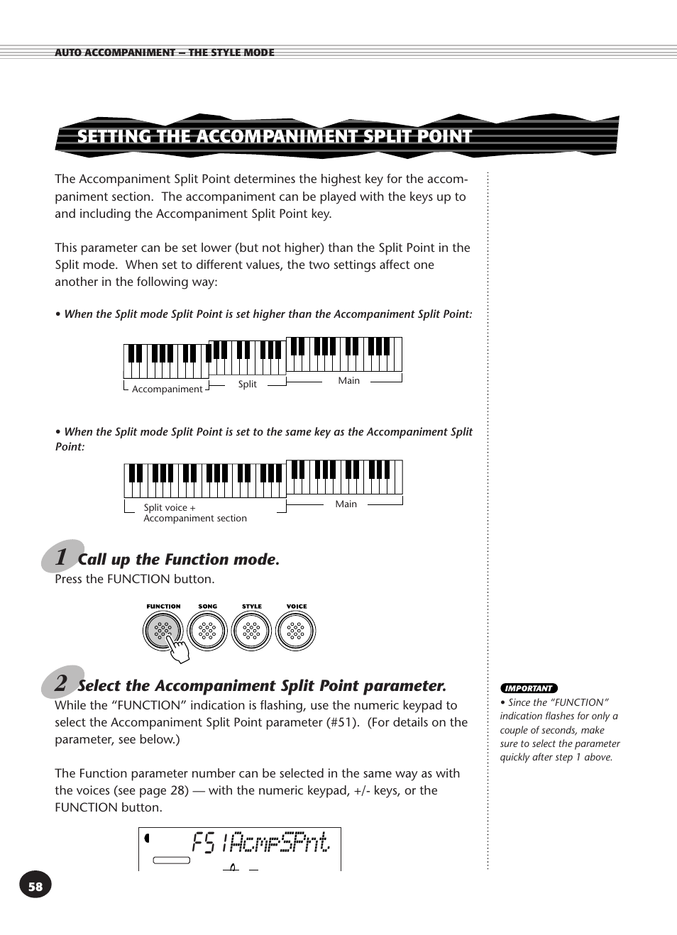 Setting the accompaniment split point, Acmpspnt | Yamaha PSR-270 User Manual | Page 58 / 120