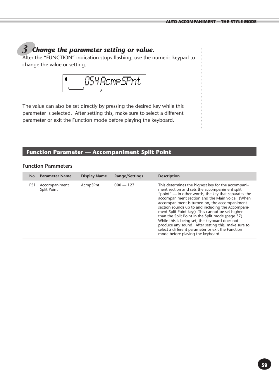 Function parameter -- accompaniment split point, Function parameter — accompaniment split point, Acmpspnt | Change the parameter setting or value | Yamaha PSR-270 User Manual | Page 59 / 120