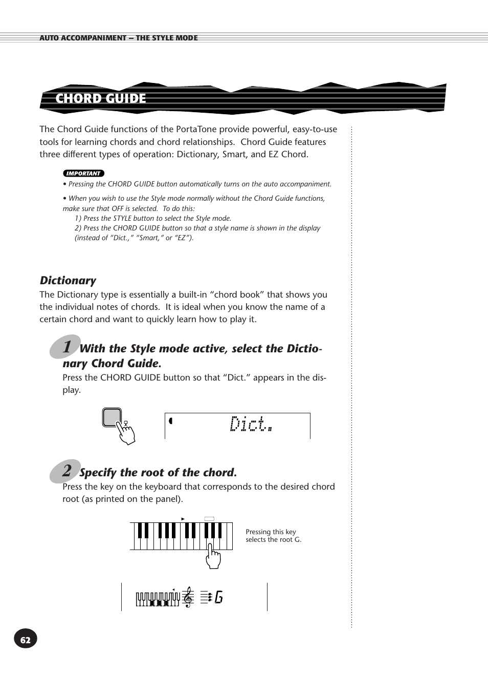 Chord guide, Dictionary, Dict | Specify the root of the chord | Yamaha PSR-270 User Manual | Page 62 / 120