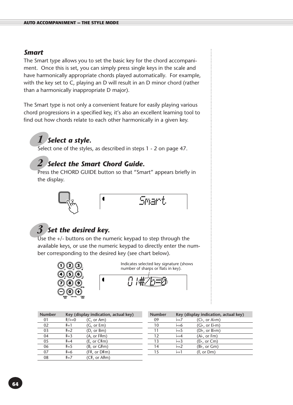 Smart, Select a style, Select the smart chord guide | Set the desired key | Yamaha PSR-270 User Manual | Page 64 / 120