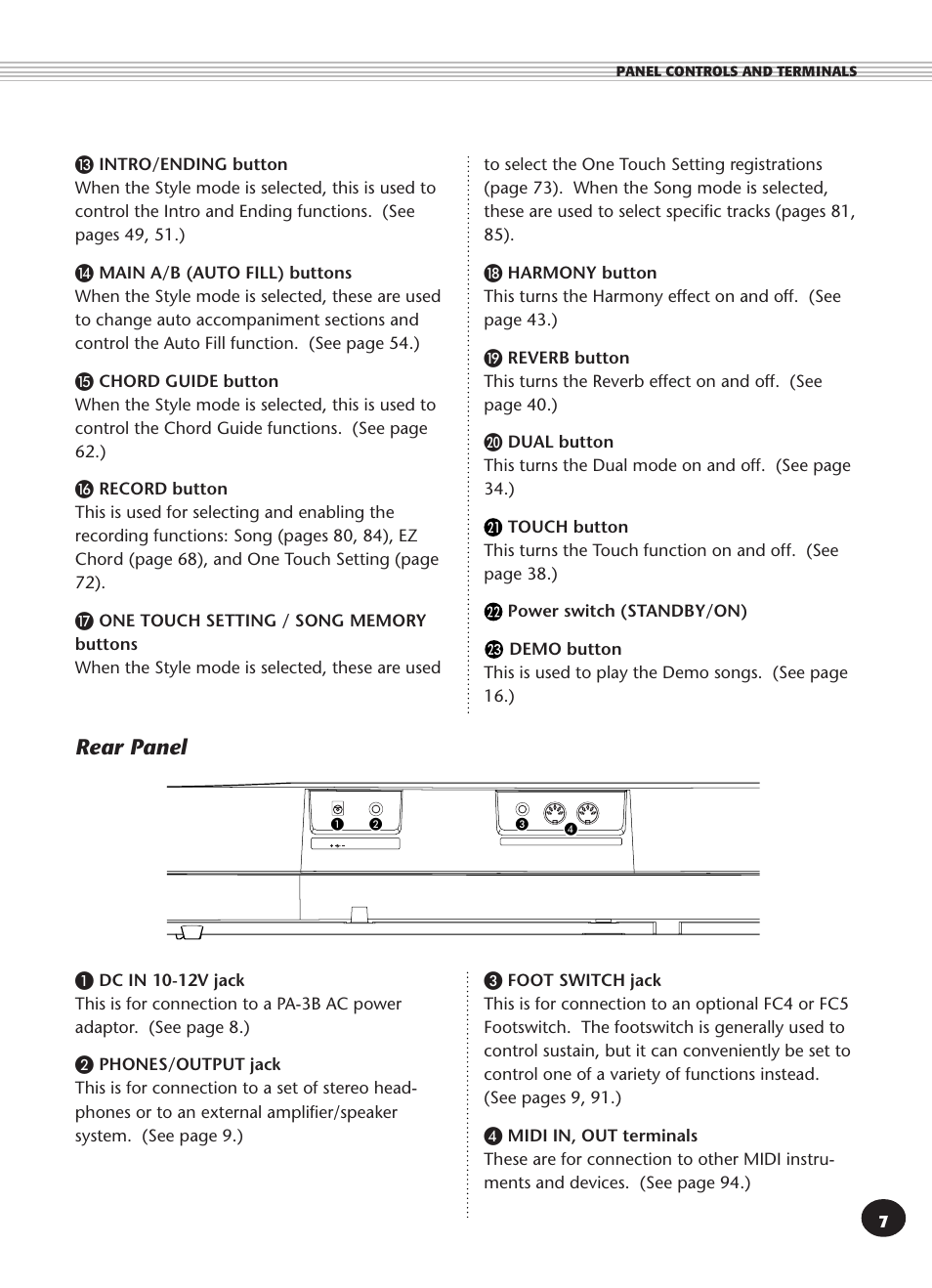 Rear panel | Yamaha PSR-270 User Manual | Page 7 / 120