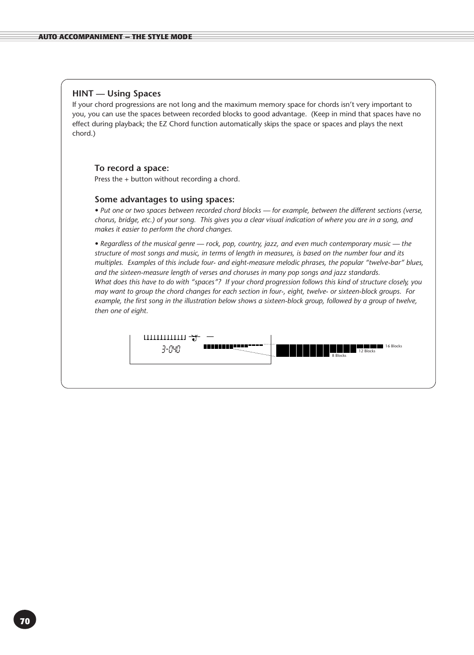 Hint -- using spaces, Hint — using spaces | Yamaha PSR-270 User Manual | Page 70 / 120