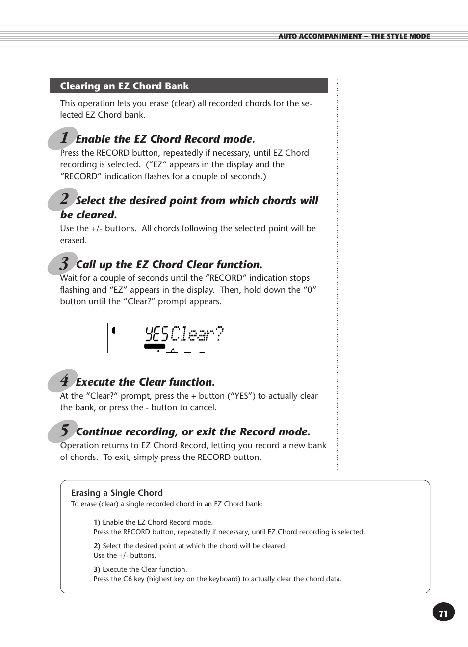 Clearing an ez chord bank, Clear? yes | Yamaha PSR-270 User Manual | Page 71 / 120