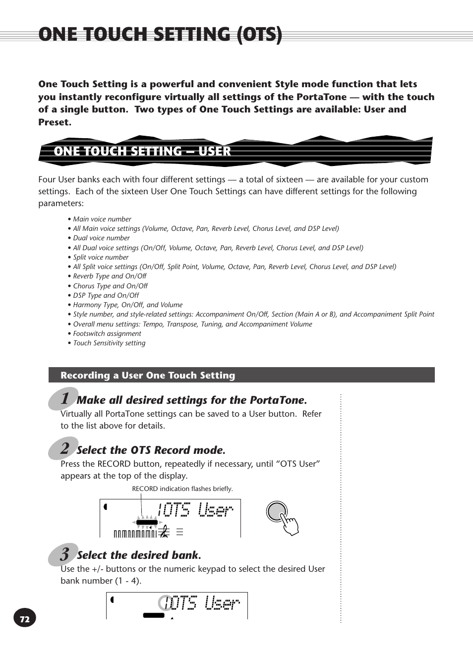One touch setting (ots), One touch setting -- user, Recording a user one touch setting | One touch setting — user, Ots user | Yamaha PSR-270 User Manual | Page 72 / 120