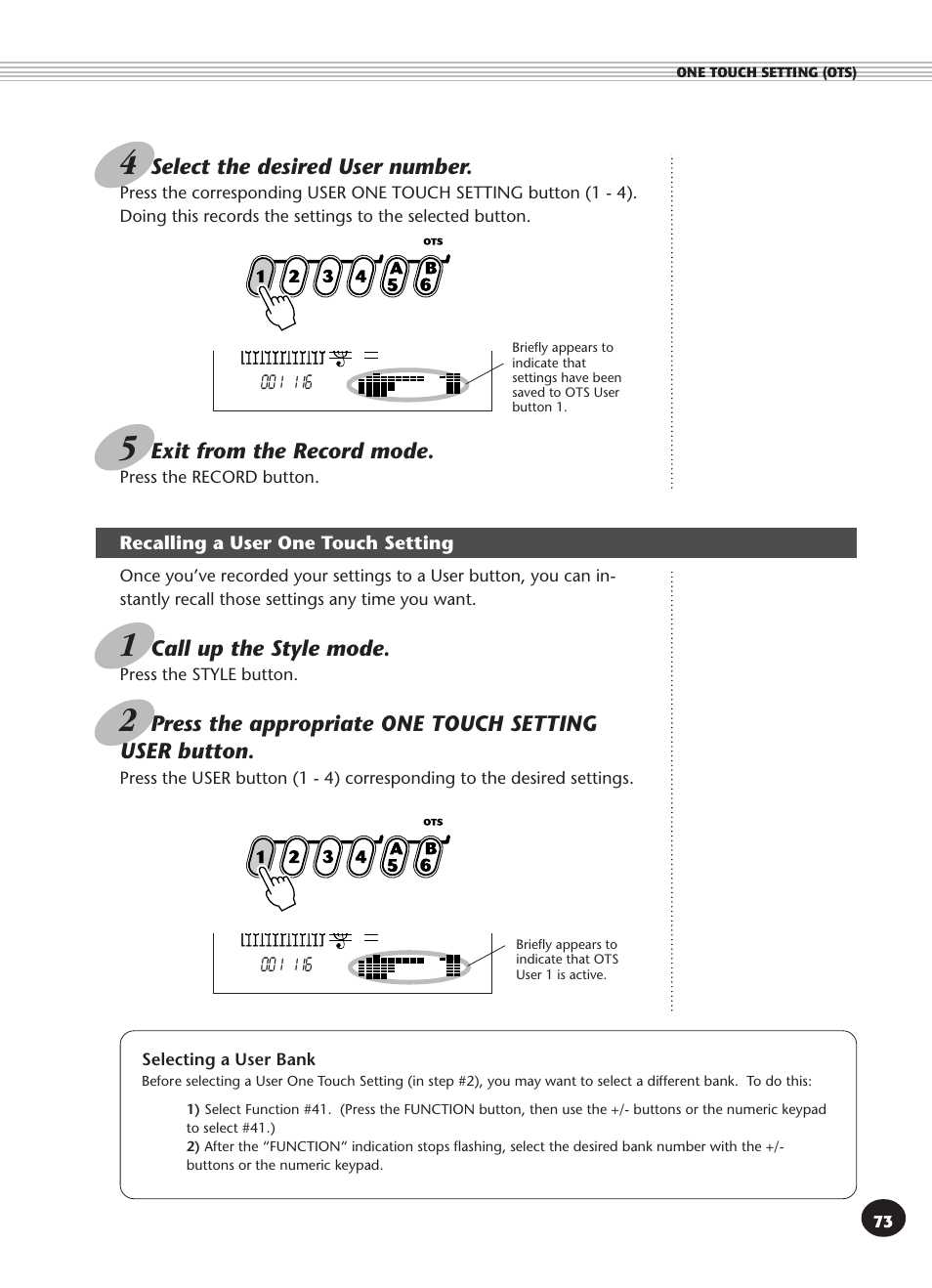 Recalling a user one touch setting, Selecting a user bank, Recalling a user one touch setting 73 | Exit from the record mode, Call up the style mode, Select the desired user number | Yamaha PSR-270 User Manual | Page 73 / 120