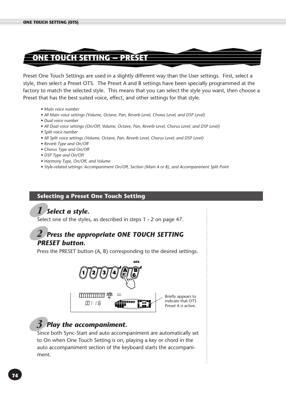 One touch setting -- preset, Selecting a preset one touch setting, One touch setting — preset | Play the accompaniment, Select a style | Yamaha PSR-270 User Manual | Page 74 / 120
