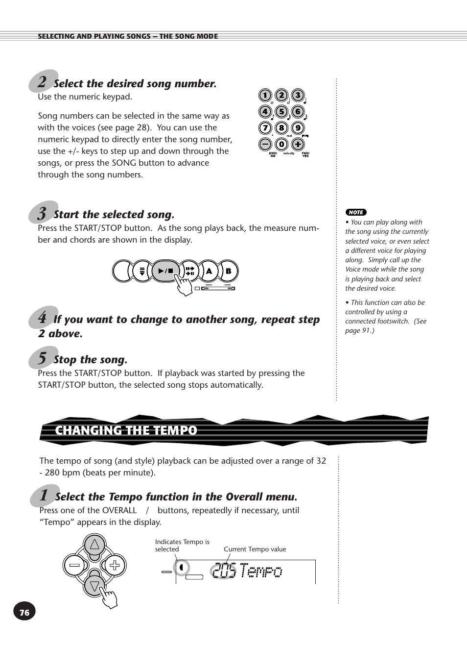Changing the tempo, 205 tempo, Start the selected song | Stop the song, Select the tempo function in the overall menu, Select the desired song number | Yamaha PSR-270 User Manual | Page 76 / 120