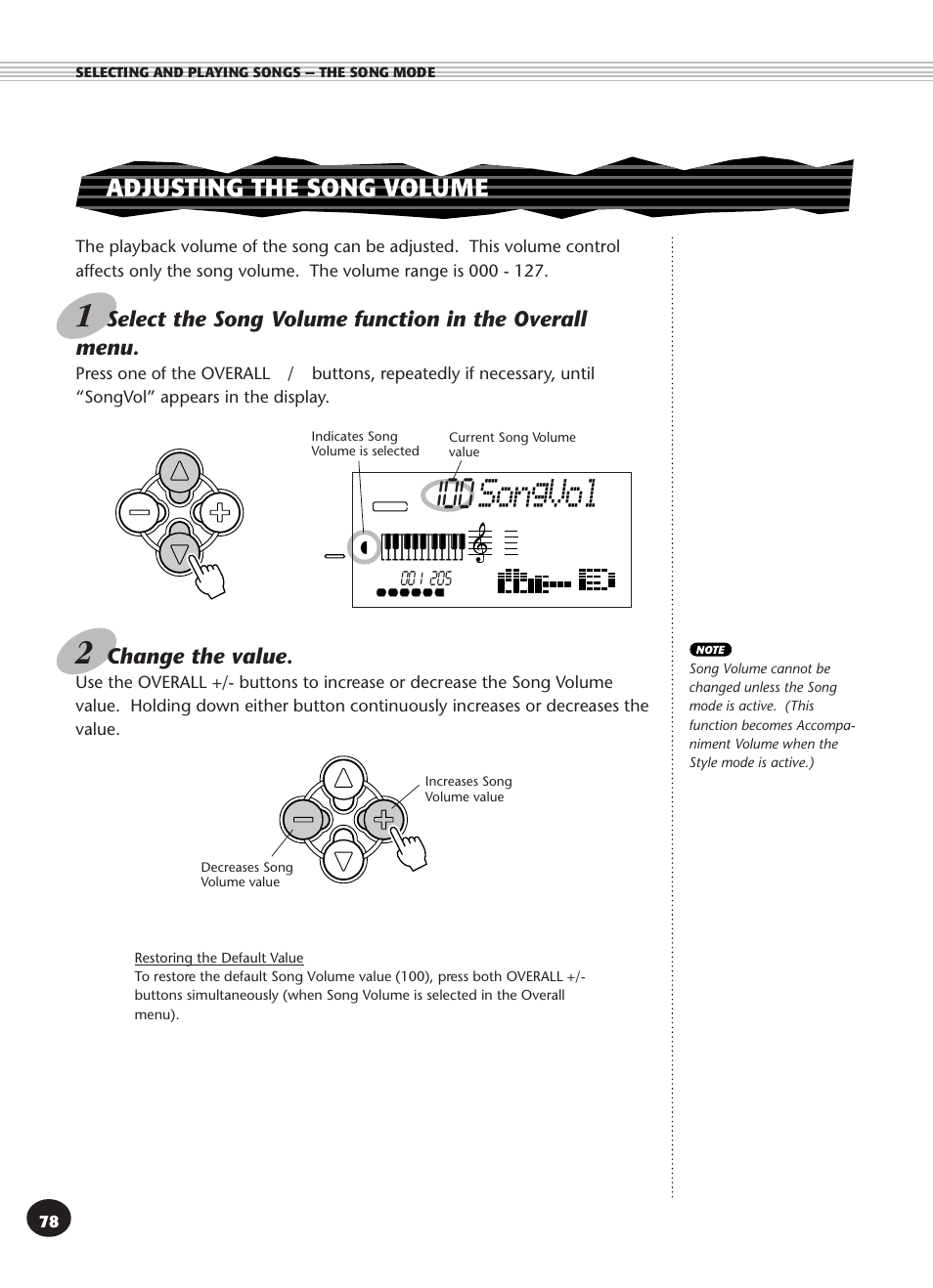 Adjusting the song volume, Songvol, Change the value | Yamaha PSR-270 User Manual | Page 78 / 120