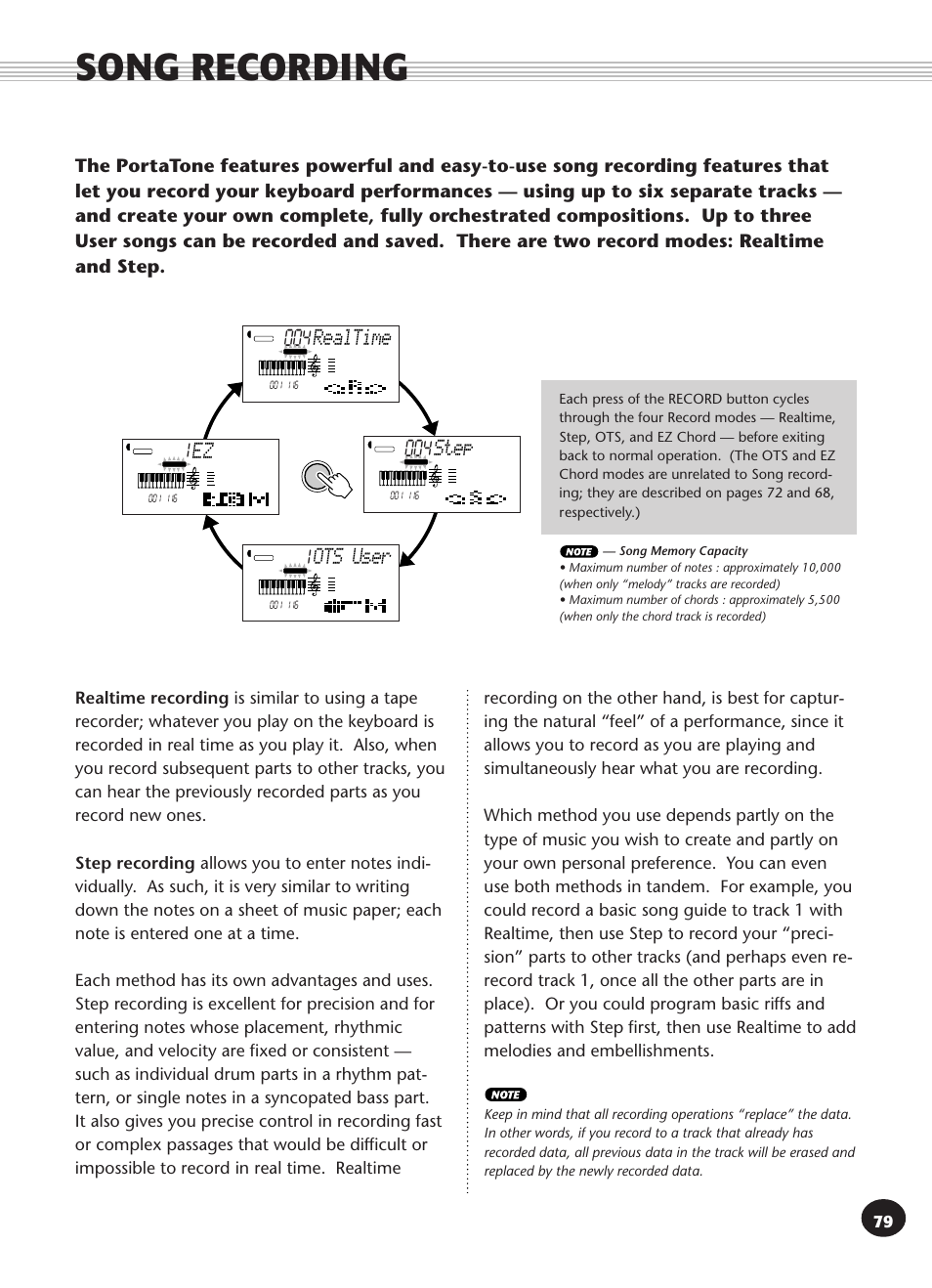 Song recording, Realtime, Step | Ots user 1, Ez 1 | Yamaha PSR-270 User Manual | Page 79 / 120