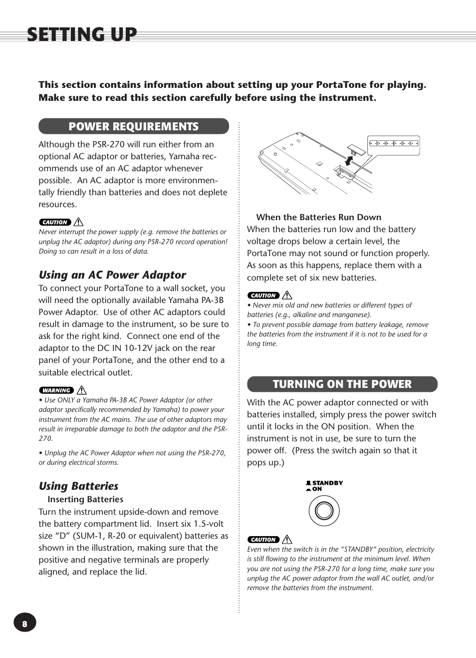 Setting up, Power requirements, Turning on the power | Power requirements turning on the power, Using an ac power adaptor, Using batteries | Yamaha PSR-270 User Manual | Page 8 / 120