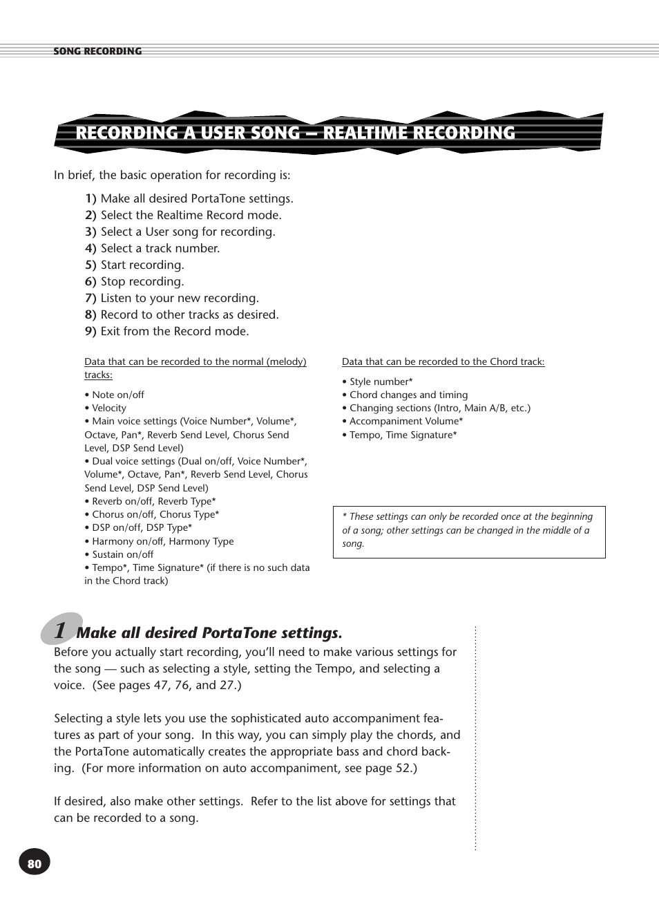 Recording a user song -- realtime recording, Recording a user song — realtime recording, Make all desired portatone settings | Yamaha PSR-270 User Manual | Page 80 / 120