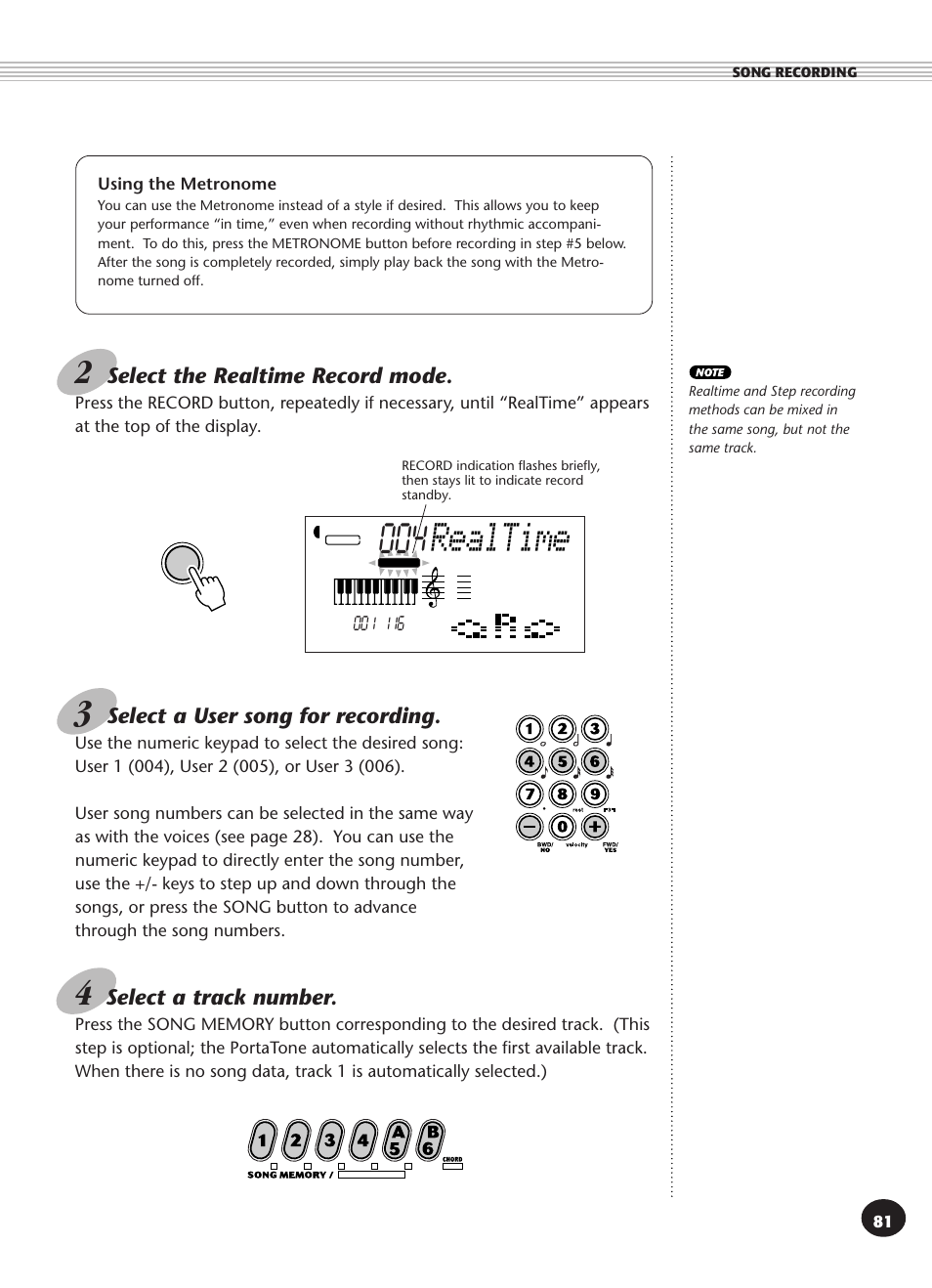 Using the metronome, Realtime, Select the realtime record mode | Select a user song for recording, Select a track number | Yamaha PSR-270 User Manual | Page 81 / 120