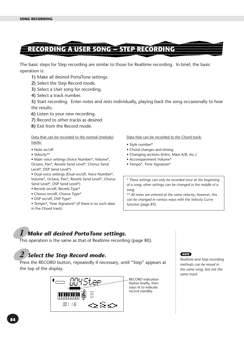 Recording a user song -- step recording, Recording a user song — step recording, Step | Select the step record mode, Make all desired portatone settings | Yamaha PSR-270 User Manual | Page 84 / 120