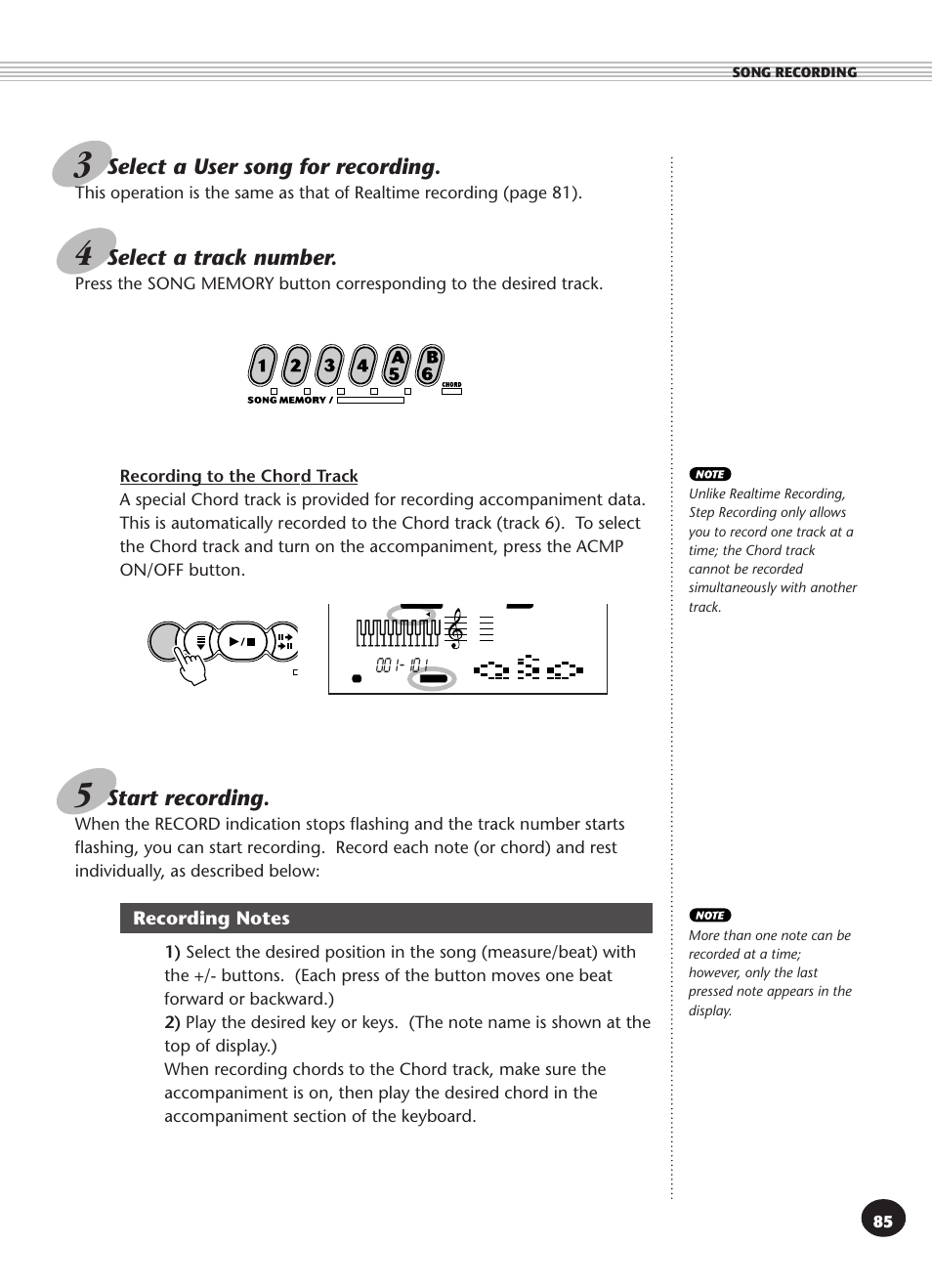 Recording notes, Select a user song for recording, Select a track number | Start recording | Yamaha PSR-270 User Manual | Page 85 / 120