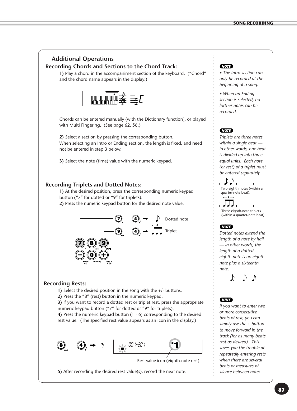Additional operations, Recording rests | Yamaha PSR-270 User Manual | Page 87 / 120