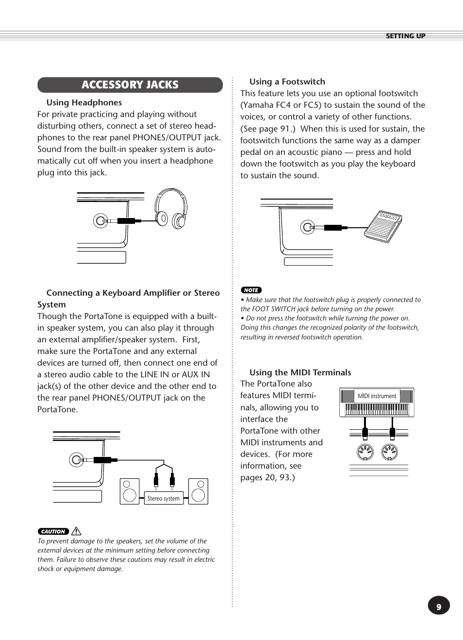 Accessory jacks, 9■ using the midi terminals | Yamaha PSR-270 User Manual | Page 9 / 120