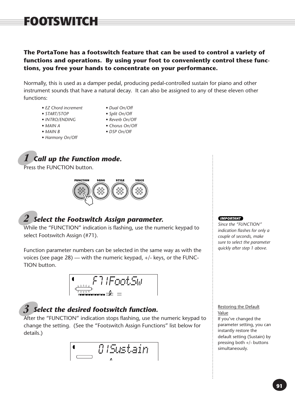 Footswitch, Footsw, 01 sustain | Yamaha PSR-270 User Manual | Page 91 / 120