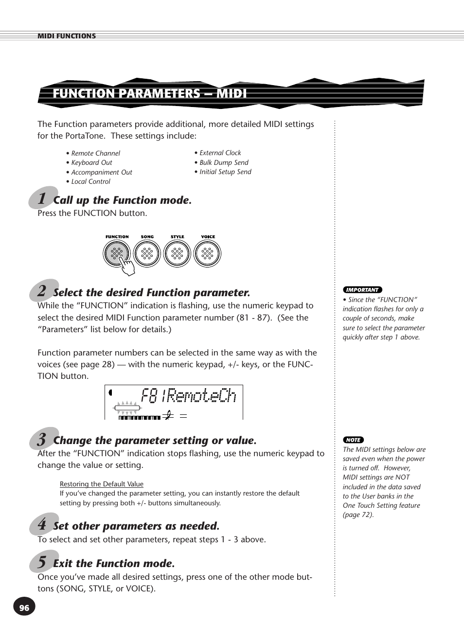 Function parameters -- midi, Function parameters — midi, Remotech | Yamaha PSR-270 User Manual | Page 96 / 120