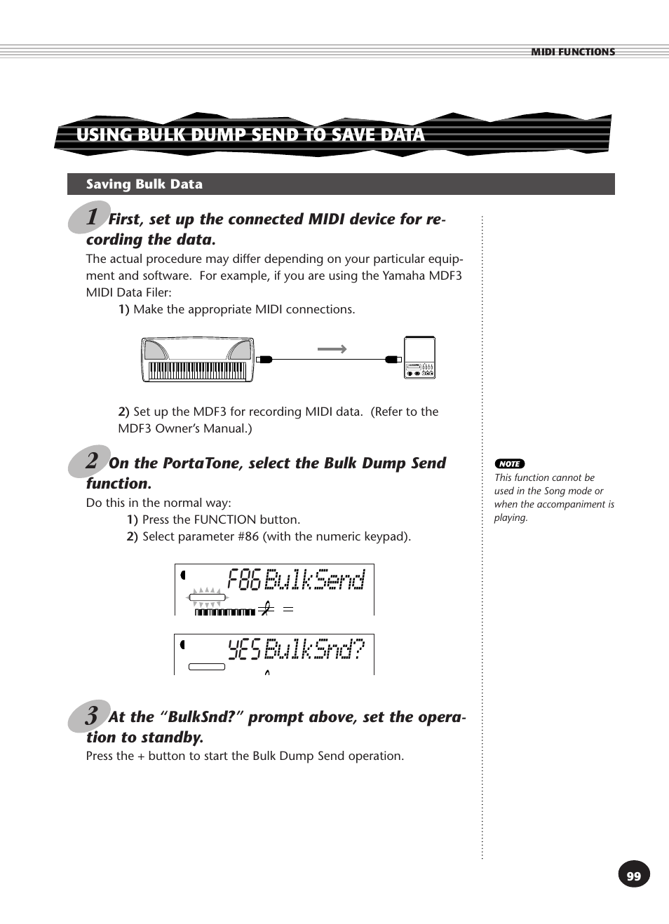 Using bulk dump send to save data, Saving bulk data, Bulksend | Yes bulksnd | Yamaha PSR-270 User Manual | Page 99 / 120