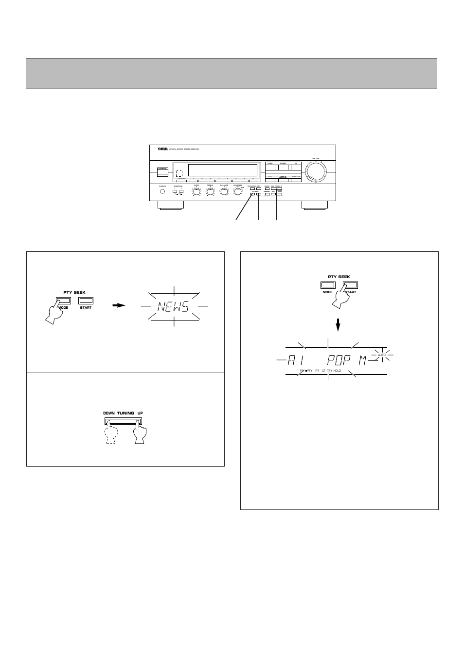 Select the desired program type, Aon b off, Man’l/auto fm | Auto/man’l mono, Mode start | Yamaha RX-496RDS User Manual | Page 24 / 29