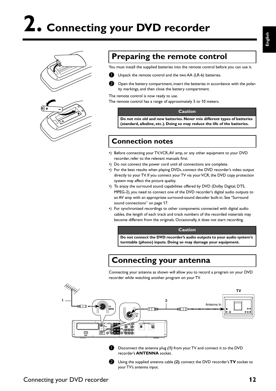 Connecting your dvd recorder, Preparing the remote control, Connection notes | Connecting your antenna, Connecting your dvd, Recorder, Connecting your dvd recorder 12 | Yamaha DRX-2 User Manual | Page 17 / 76