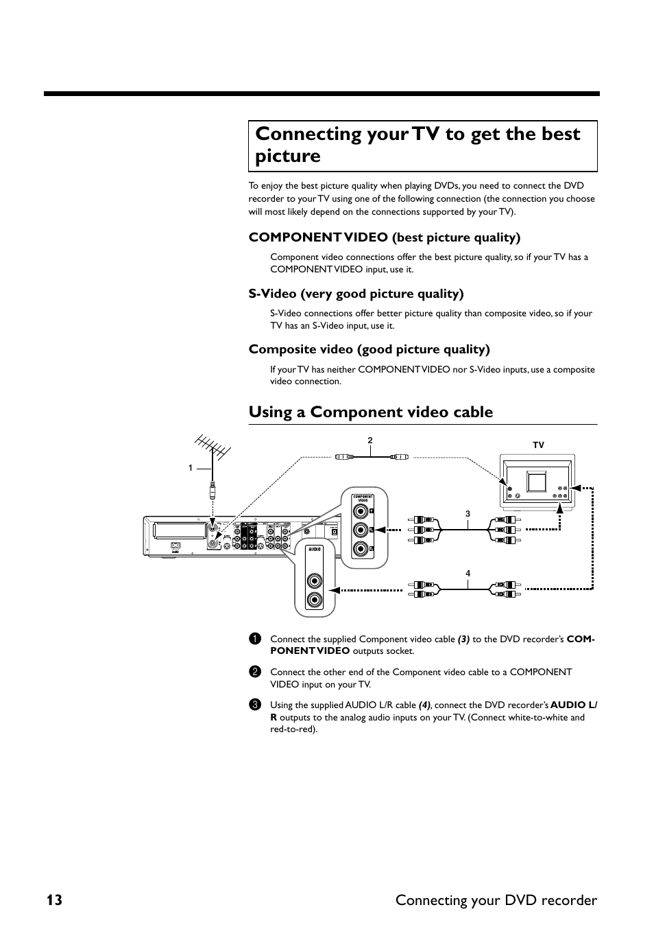 Connecting your tv to get the best picture, Using a component video cable, 13 connecting your dvd recorder | Yamaha DRX-2 User Manual | Page 18 / 76