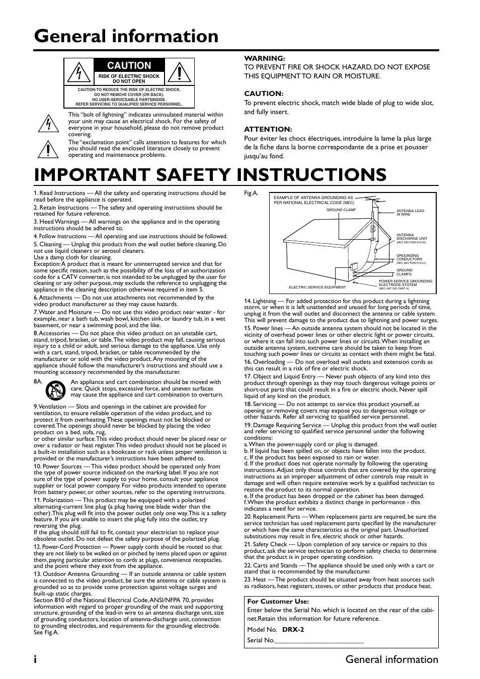 General information, Important safety instructions, I general information | Caution | Yamaha DRX-2 User Manual | Page 2 / 76