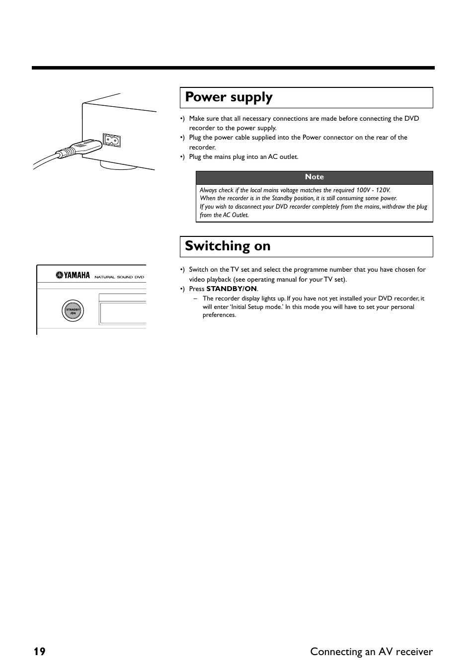 Power supply, Switching on, 19 connecting an av receiver | Yamaha DRX-2 User Manual | Page 24 / 76