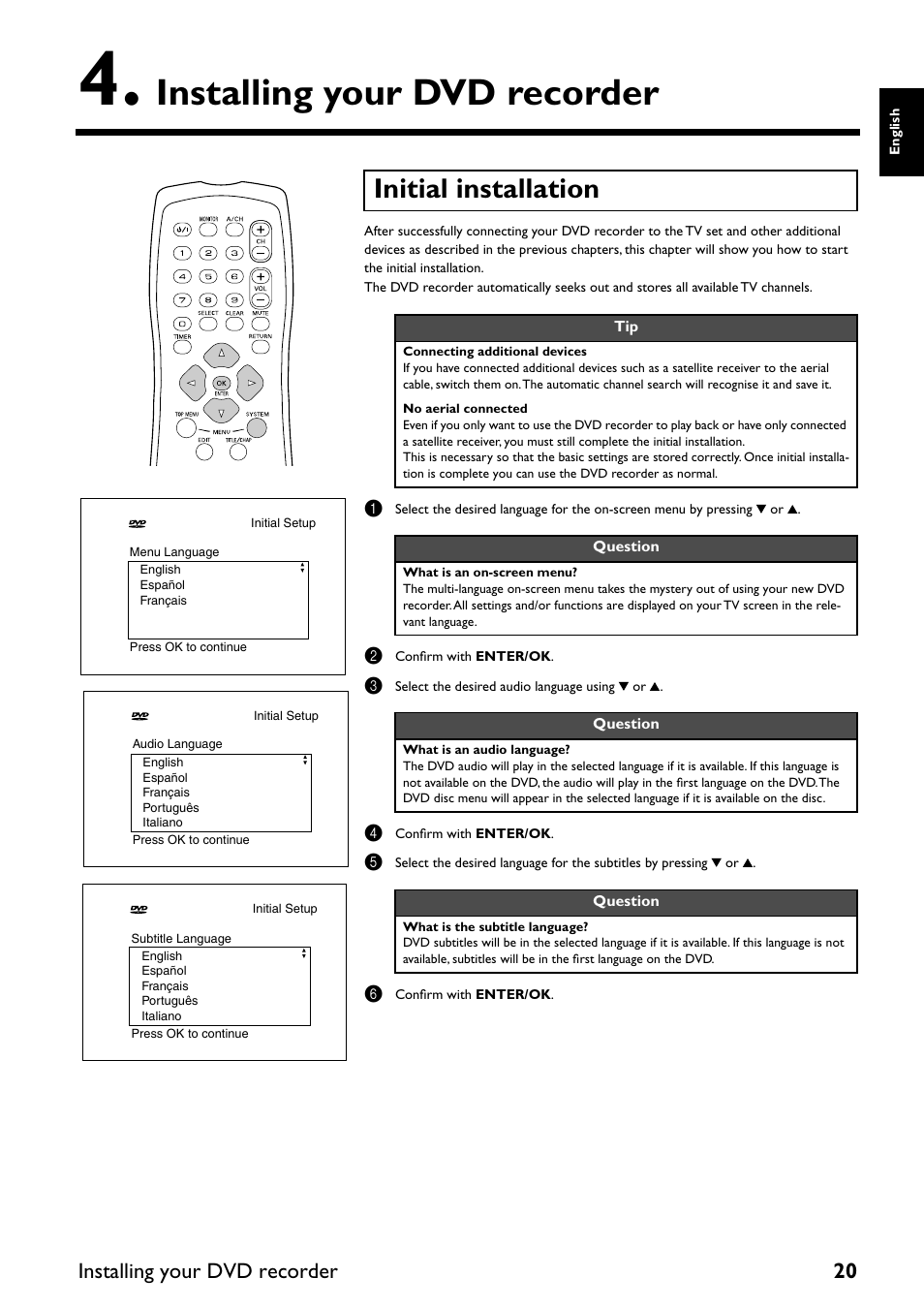 Installing your dvd recorder, Initial installation, Installing your dvd | Recorder, Installing your dvd recorder 20 | Yamaha DRX-2 User Manual | Page 25 / 76