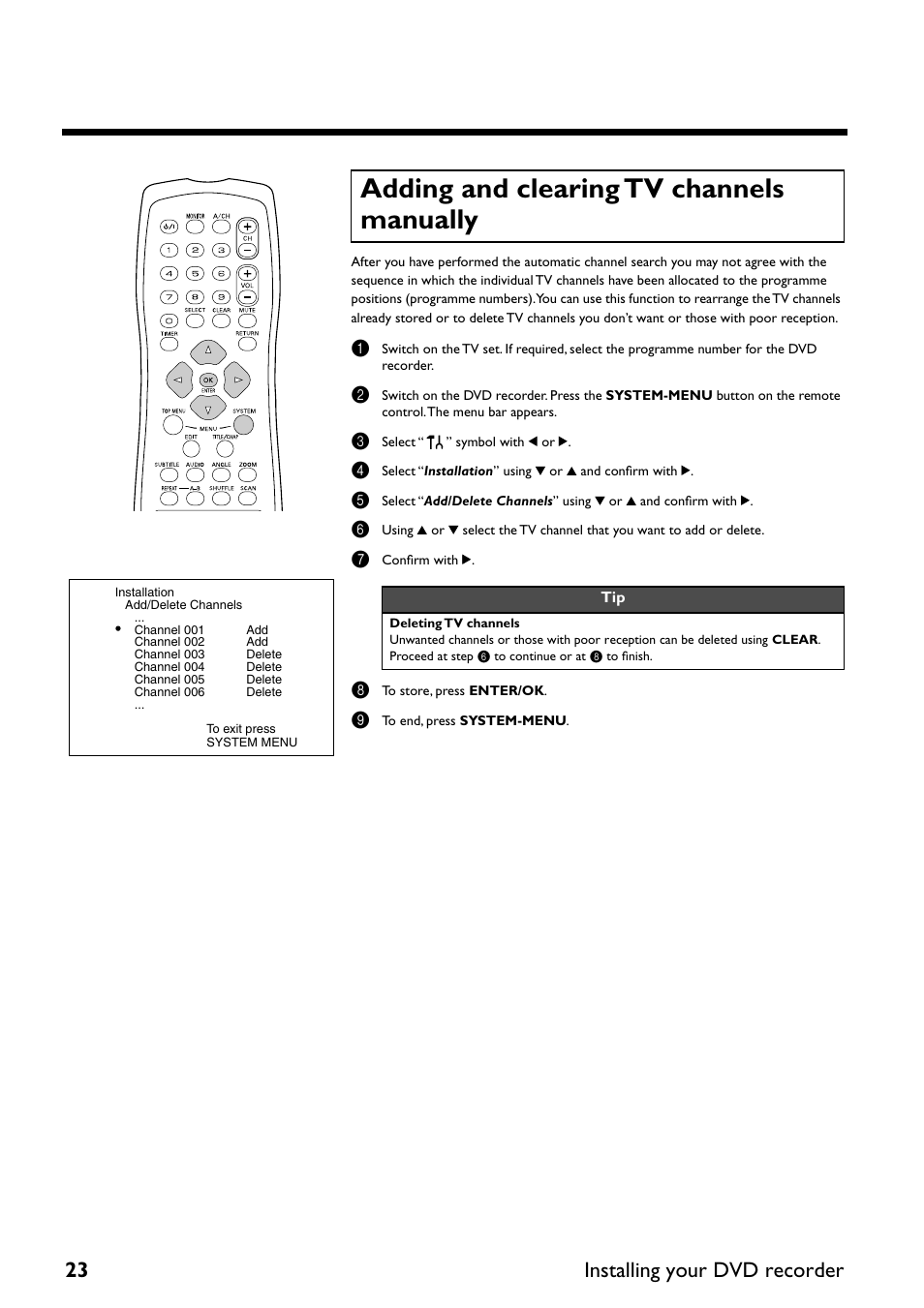 Adding and clearing tv channels manually, 23 installing your dvd recorder | Yamaha DRX-2 User Manual | Page 28 / 76