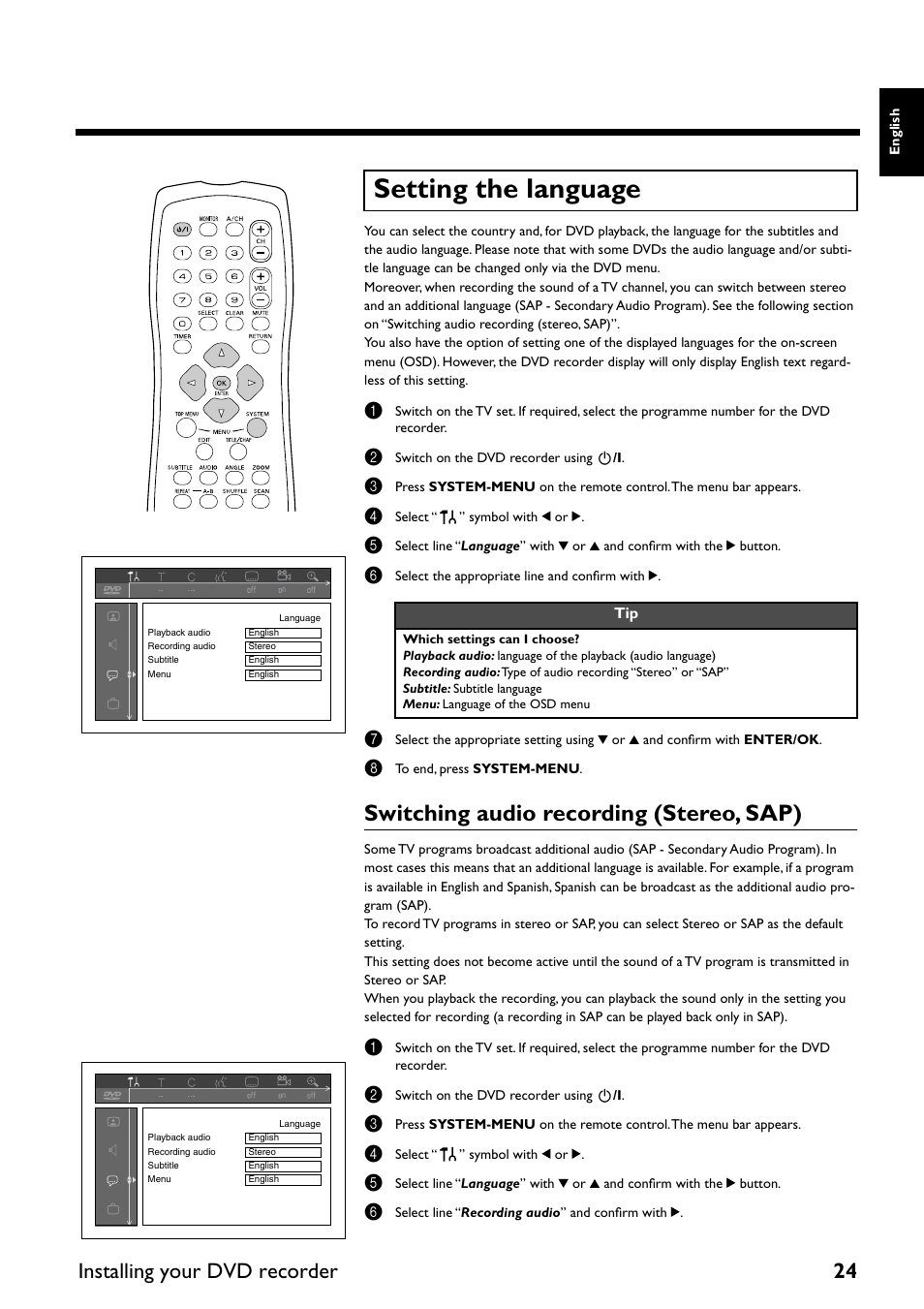 Setting the language, Switching audio recording (stereo, sap), Installing your dvd recorder 24 | Yamaha DRX-2 User Manual | Page 29 / 76