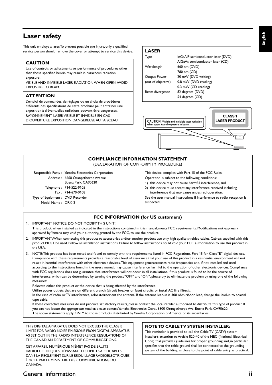 Laser safety, General information ii | Yamaha DRX-2 User Manual | Page 3 / 76