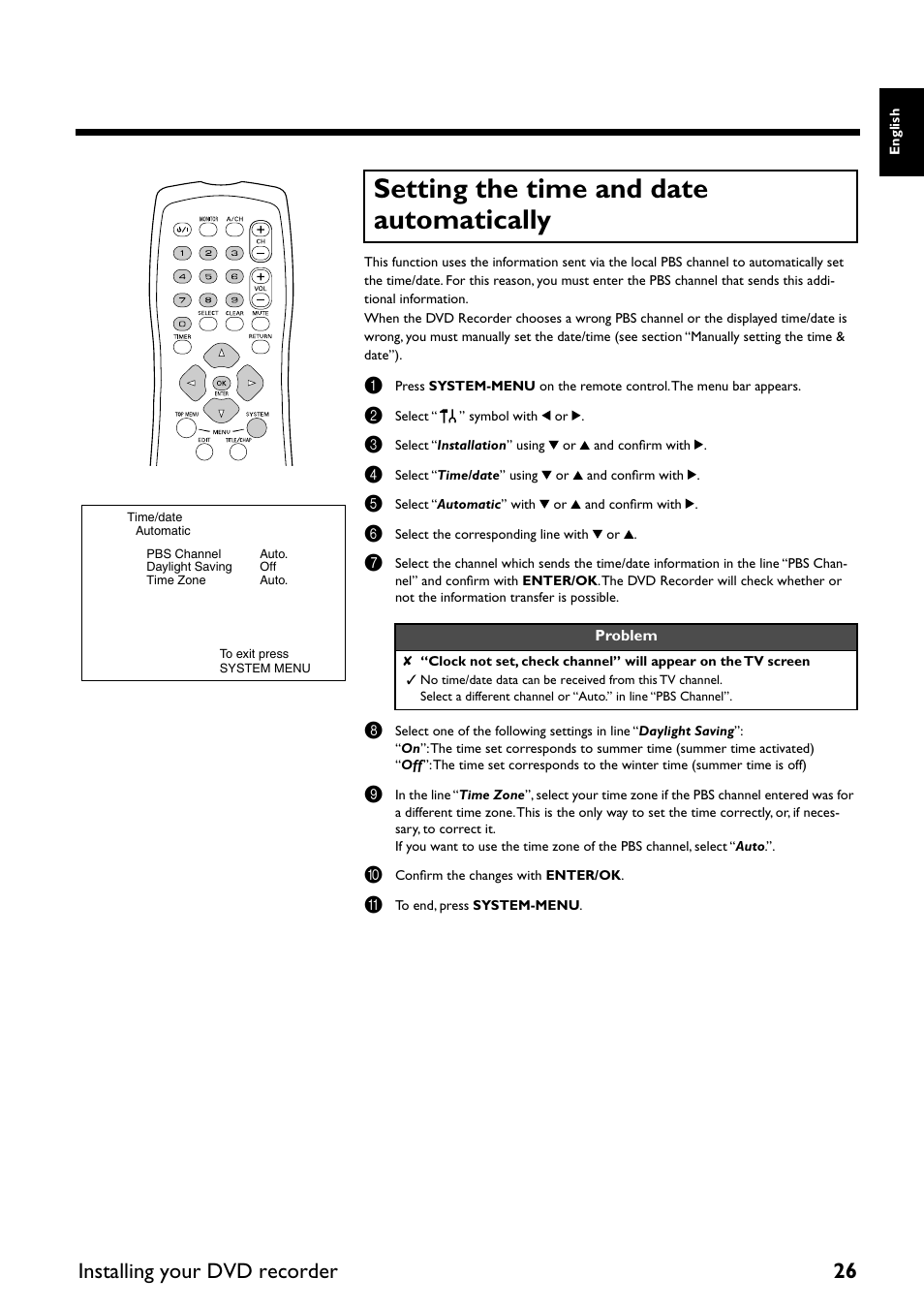 Setting the time and date automatically, Installing your dvd recorder 26 | Yamaha DRX-2 User Manual | Page 31 / 76