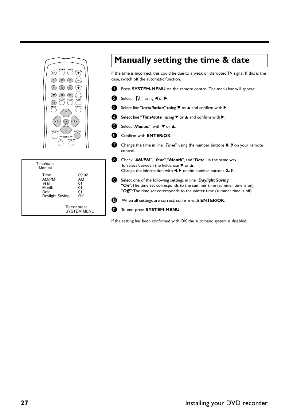 Manually setting the time & date, 27 installing your dvd recorder | Yamaha DRX-2 User Manual | Page 32 / 76