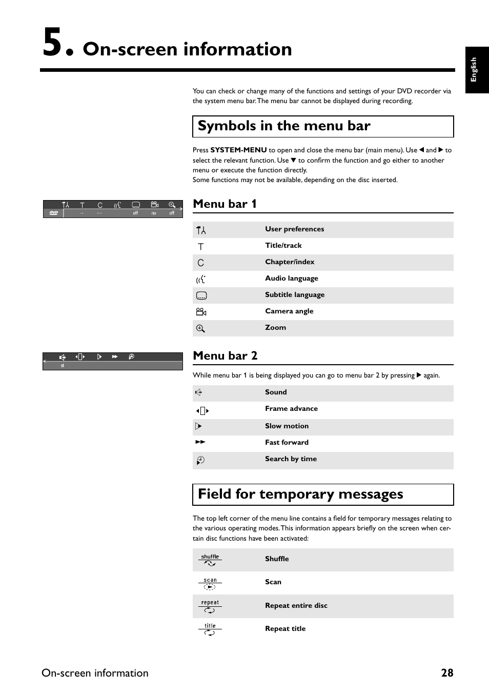 On-screen information, Symbols in the menu bar, Field for temporary messages | Menu bar 1 menu bar 2 | Yamaha DRX-2 User Manual | Page 33 / 76