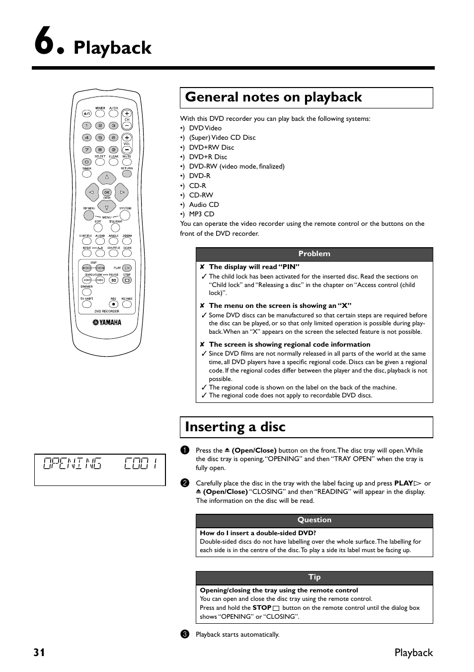 Playback, General notes on playback, Inserting a disc | 31 playback | Yamaha DRX-2 User Manual | Page 36 / 76