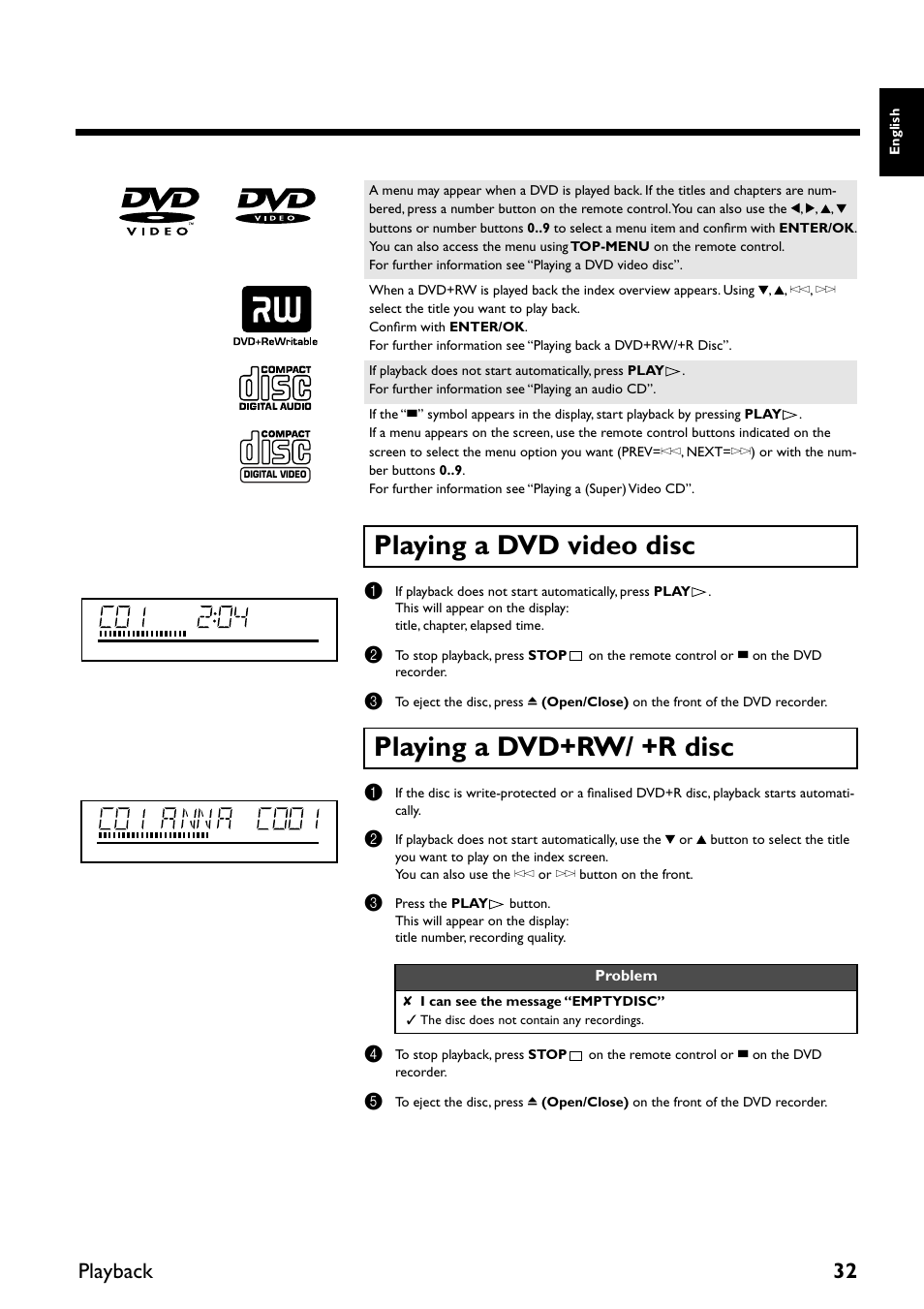 Playing a dvd video disc, Playing a dvd+rw/ +r disc, Playing a dvd video disc playing a dvd+rw/ +r disc | Playback 32 | Yamaha DRX-2 User Manual | Page 37 / 76