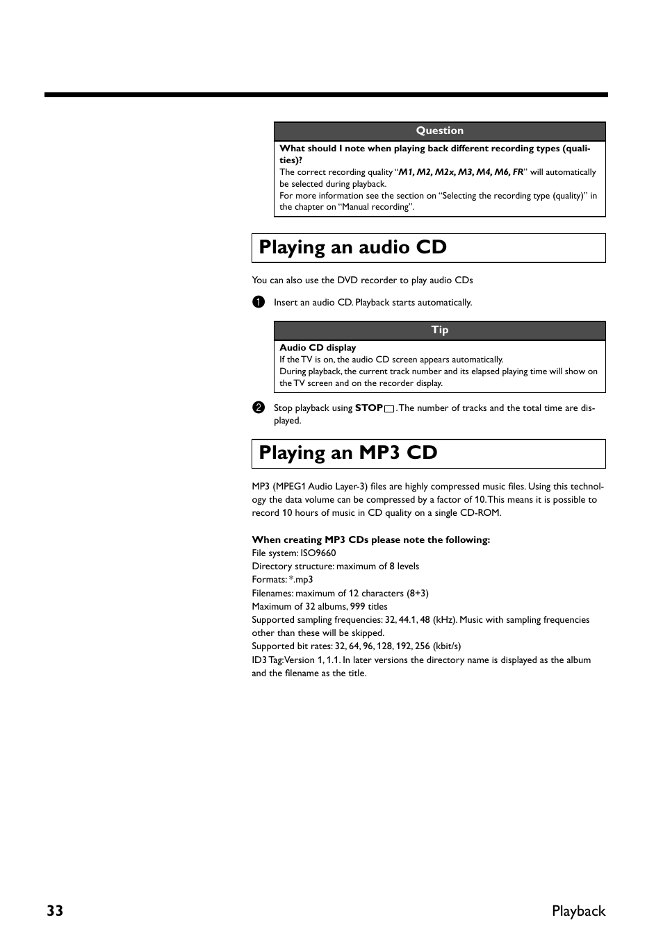 Playing an audio cd, Playing an mp3 cd, 33 playback | Yamaha DRX-2 User Manual | Page 38 / 76