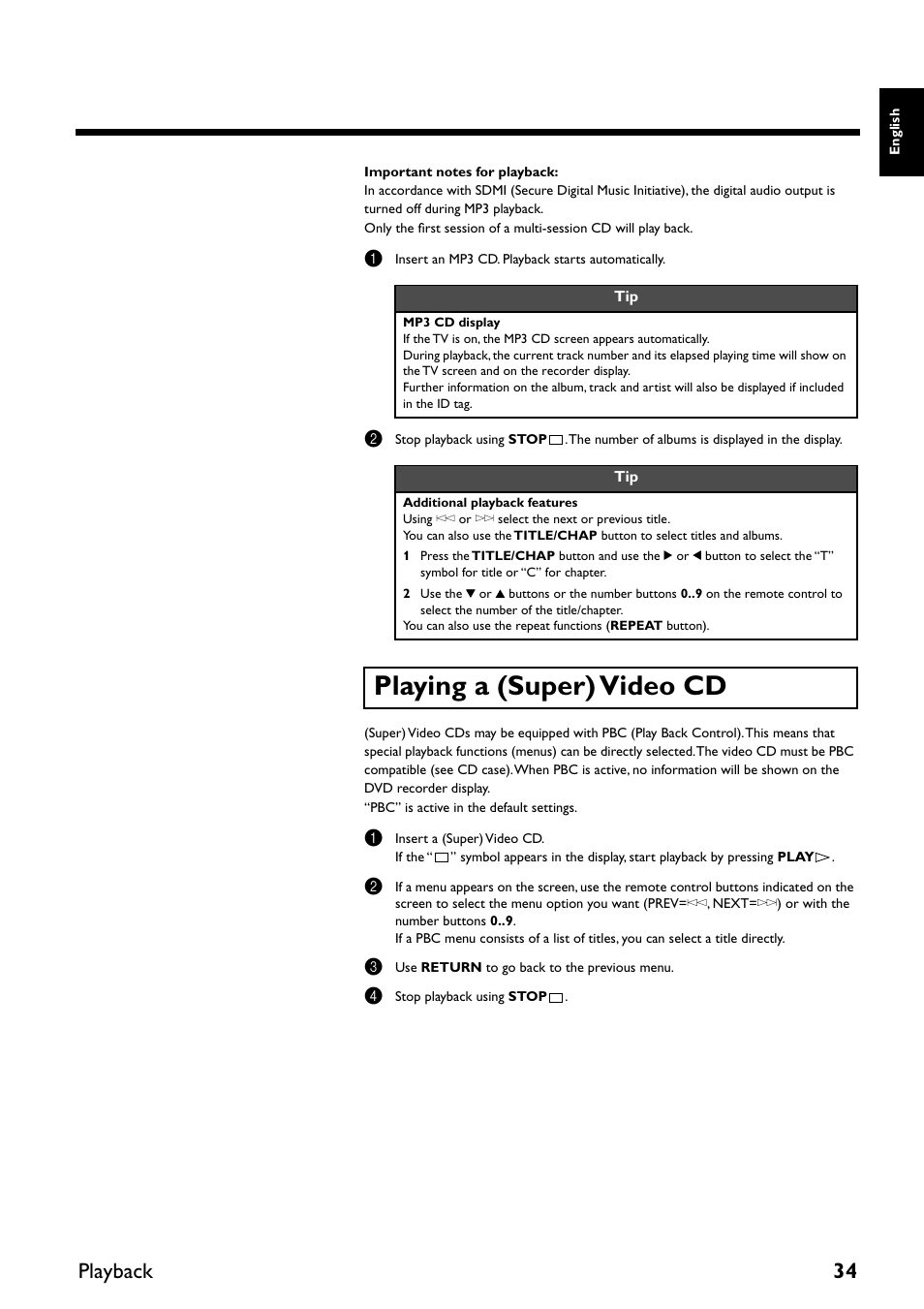 Playing a (super) video cd, Playback 34 | Yamaha DRX-2 User Manual | Page 39 / 76