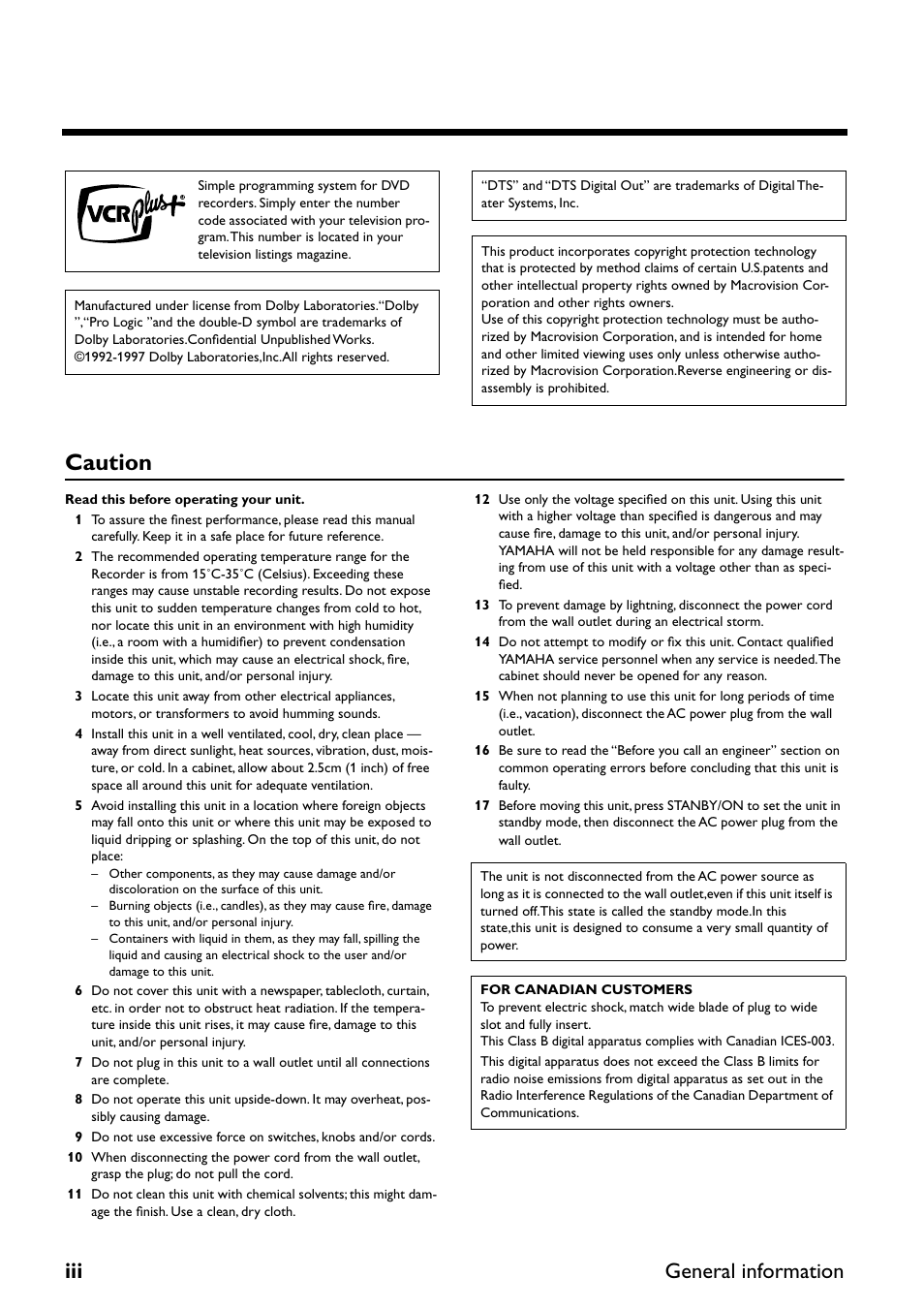 Caution, Iii general information | Yamaha DRX-2 User Manual | Page 4 / 76