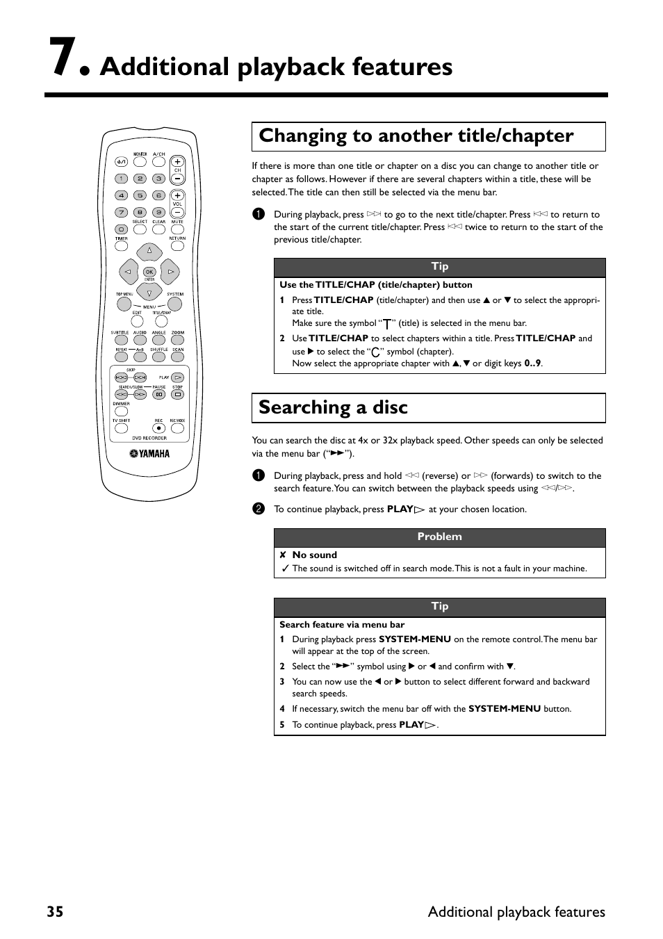 Additional playback features, Changing to another title/chapter, Searching a disc | Additional playback, Features, 35 additional playback features | Yamaha DRX-2 User Manual | Page 40 / 76