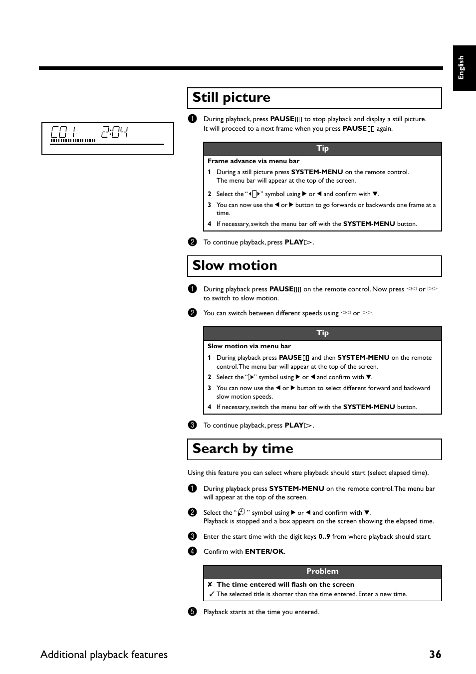 Still picture, Slow motion, Search by time | Additional playback features 36 | Yamaha DRX-2 User Manual | Page 41 / 76