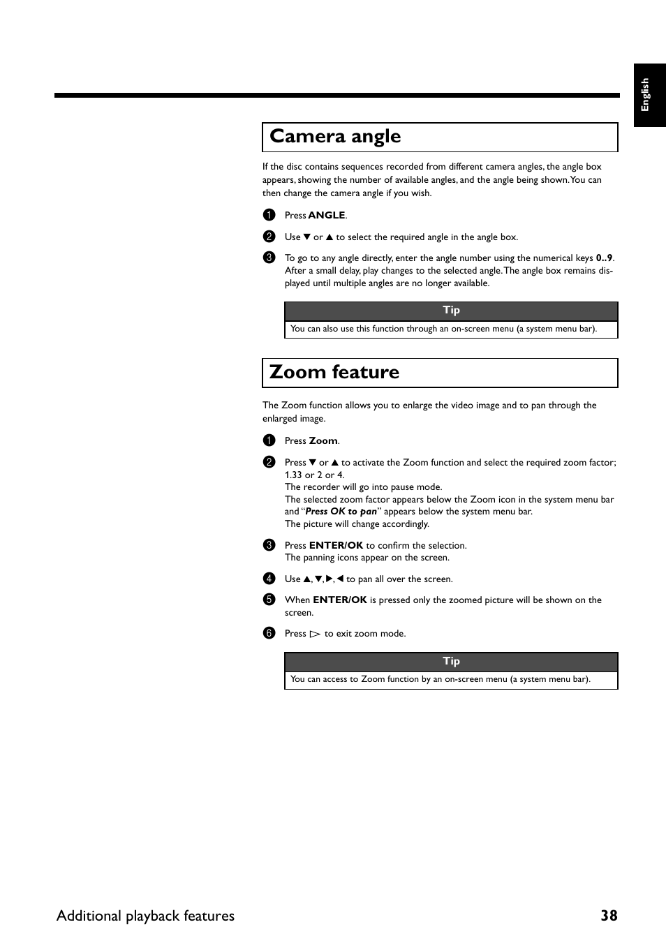 Camera angle, Zoom feature, Additional playback features 38 | Yamaha DRX-2 User Manual | Page 43 / 76