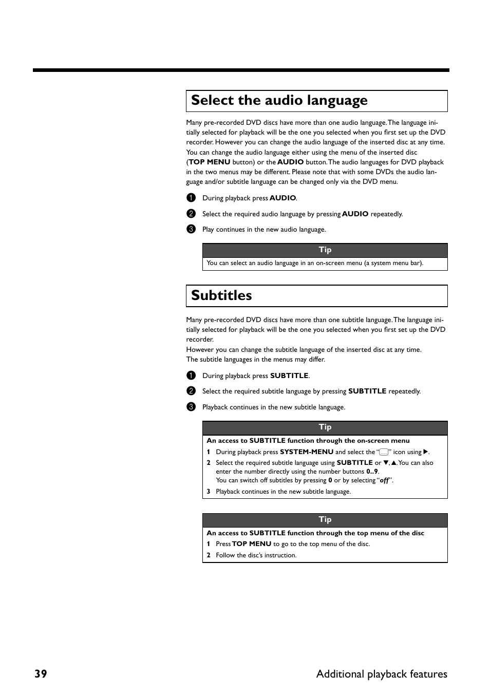 Select the audio language, Subtitles, 39 additional playback features | Yamaha DRX-2 User Manual | Page 44 / 76